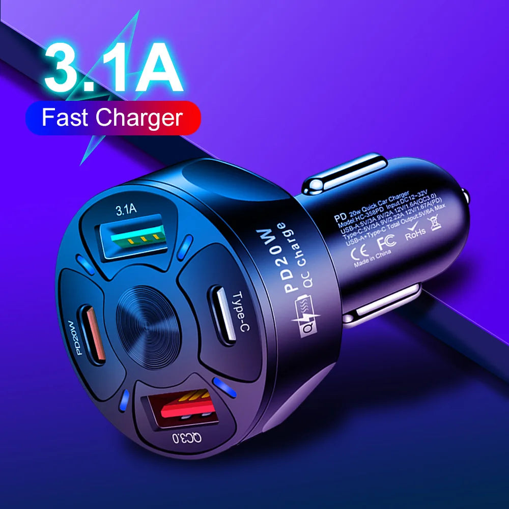 Car Charger Fast Charging PD Quick Charge 3.0 USB C Car Phone Charger Adapter For iPhone Xiaomi Samsung