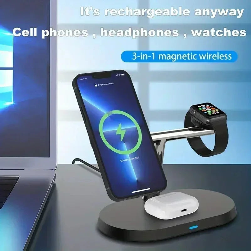 3 In 1 Magnetic Wireless Charger Stand For iPhone 16 15 14 13 Pro Apple Watch 9 8 Airprods 3 In 1 Macsafe Fast Charging Station