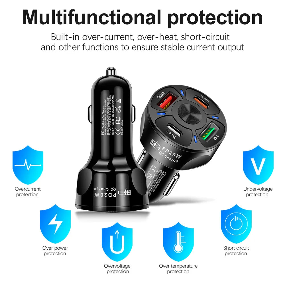 Car Charger Fast Charging PD Quick Charge 3.0 USB C Car Phone Charger Adapter For iPhone Xiaomi Samsung