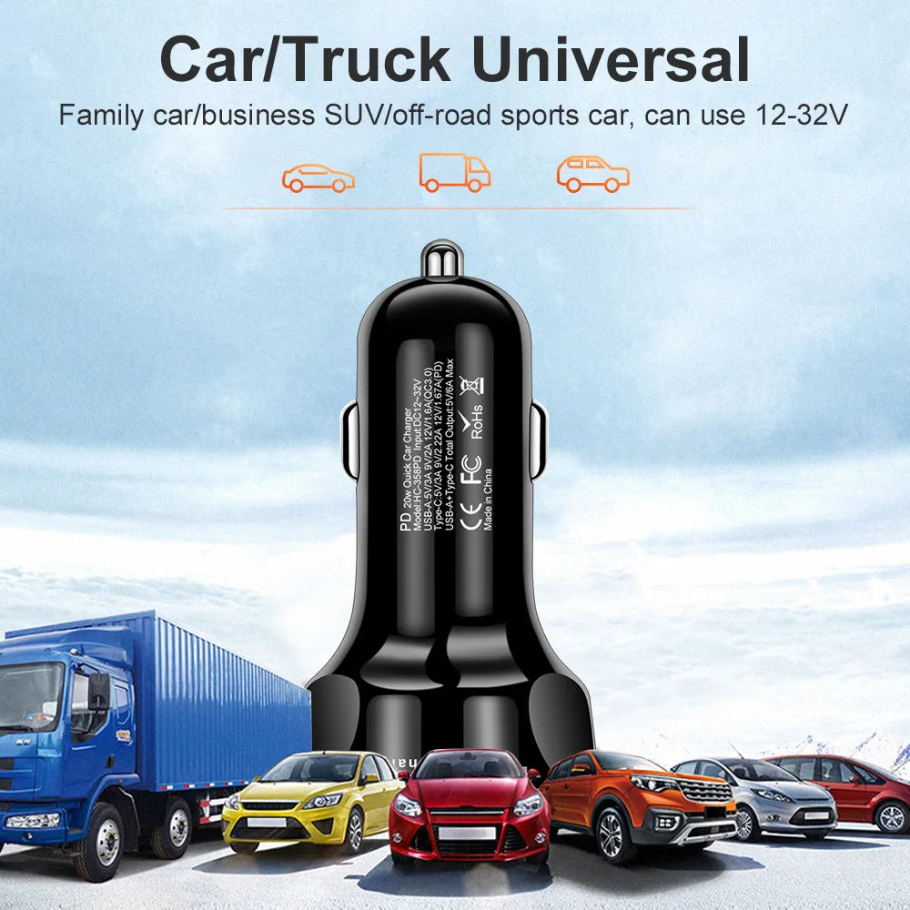 Car Charger Fast Charging PD Quick Charge 3.0 USB C Car Phone Charger Adapter For iPhone Xiaomi Samsung