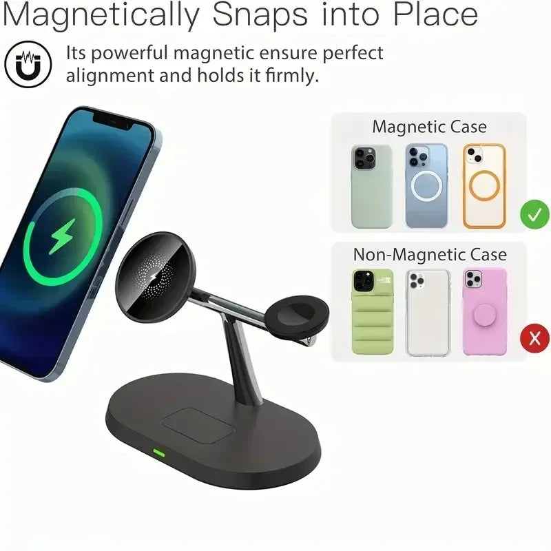 3 In 1 Magnetic Wireless Charger Stand For iPhone 16 15 14 13 Pro Apple Watch 9 8 Airprods 3 In 1 Macsafe Fast Charging Station