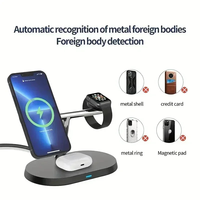 3 In 1 Magnetic Wireless Charger Stand For iPhone 16 15 14 13 Pro Apple Watch 9 8 Airprods 3 In 1 Macsafe Fast Charging Station