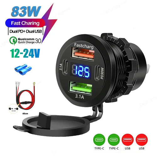 Car Charger Socket Dual Type-C & Dual USB 4Ports Fast Charging Socket Waterproof with Voltmeter 12V/24V For Car Boat Motorcycle