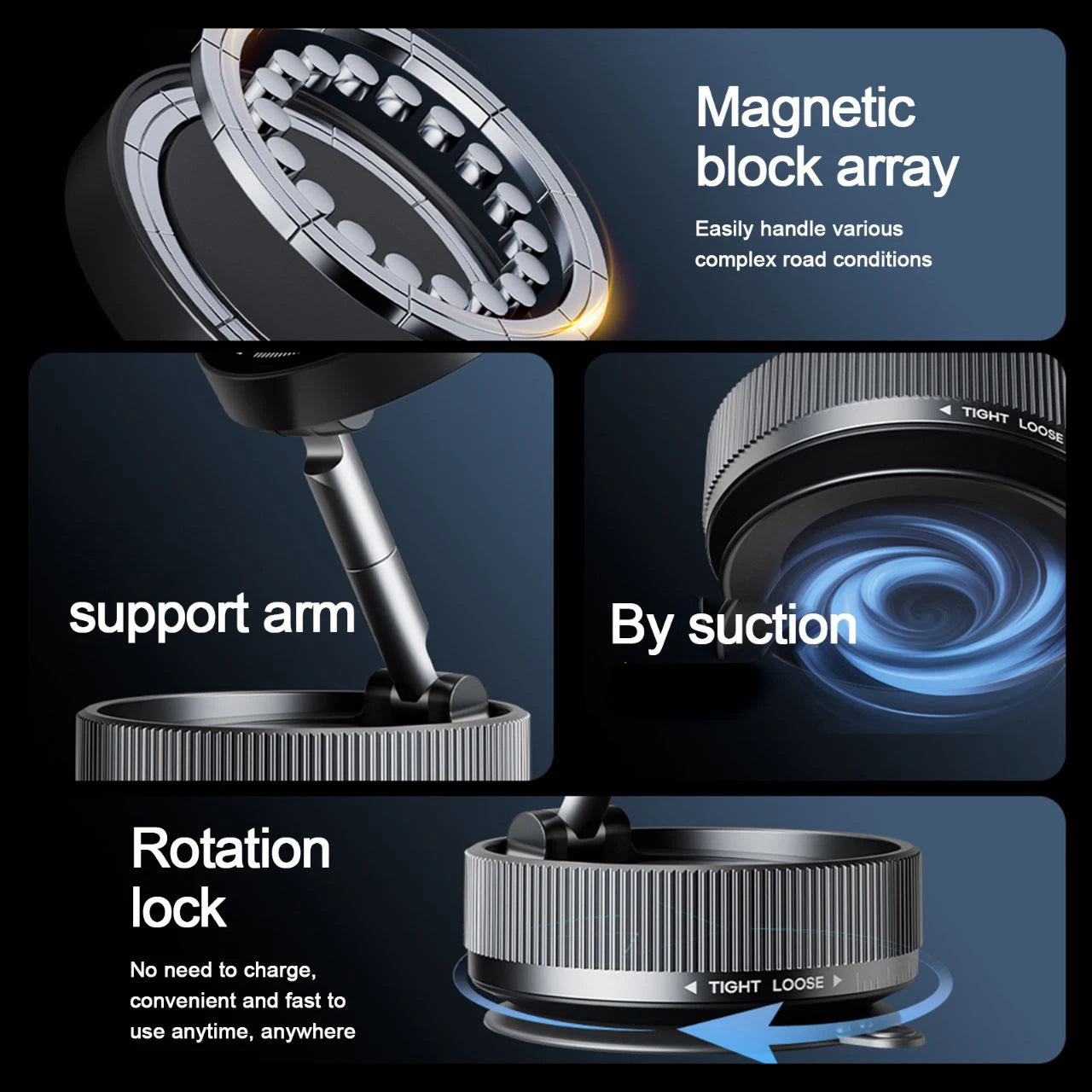 Universal Strong Magnetic Car Phone Holder, Foldable Design, 360 ° Adjustable Vacuum Mount for Car Desk and Bathroom