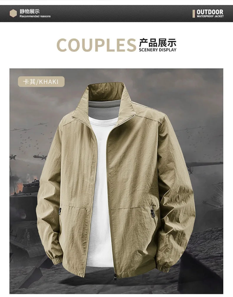Men's Spring-Autumn Outdoor Windproof Jacket, Casual Jacket, Sport Shirt, Stand-up Collar, Quick-Drying Lightweight Men's Clothi