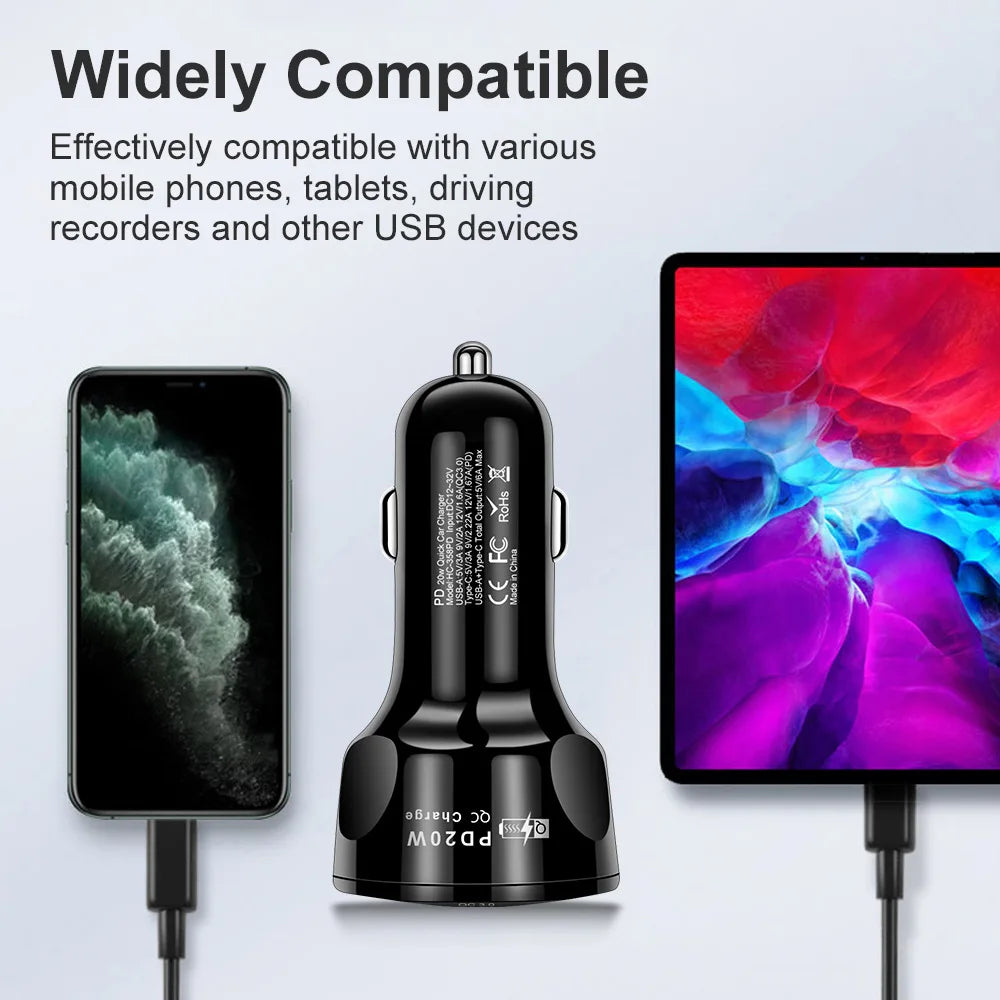 Car Charger Fast Charging PD Quick Charge 3.0 USB C Car Phone Charger Adapter For iPhone Xiaomi Samsung