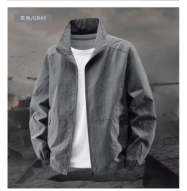 Men's Spring-Autumn Outdoor Windproof Jacket, Casual Jacket, Sport Shirt, Stand-up Collar, Quick-Drying Lightweight Men's Clothi
